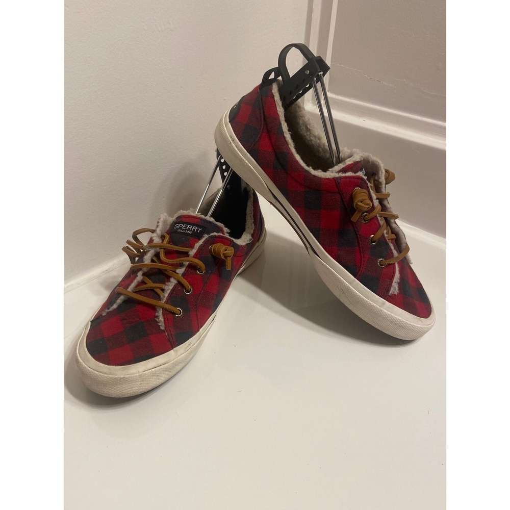 Sperry Top Sider Womens Size 8M Shoes Red Black Plaid Faux Fur Low Top Casual
